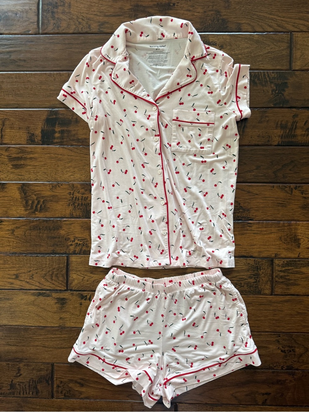 Tommy John Cherry-Print Short Sleeve Pajama Set - light pink with Red Trim. NWOT